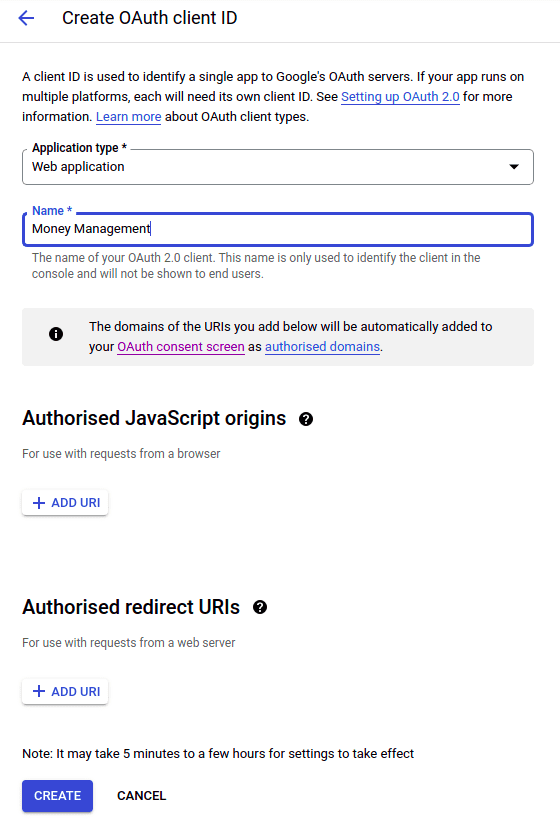 Create OAuth client Create OAuth client