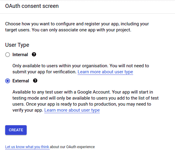 Consent screen type Consent screen type